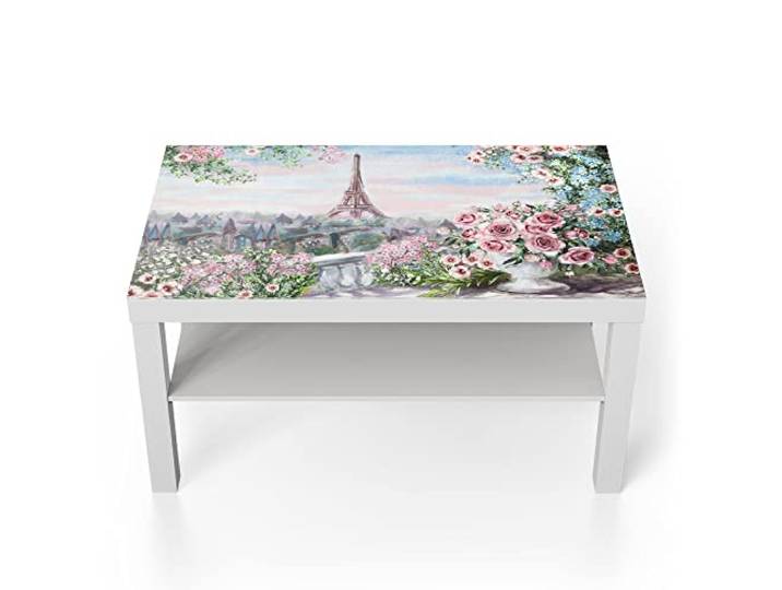 DEQORI Glastisch weiß groß 90x50 cm Motiv Blumenmeer Paris ausgefallener Beistelltisch aus Glas Hochglanz Couchtisch fürs Wohnzimmer moderner Couch Tisch mit Design