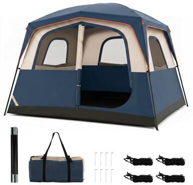 Costway 6-Person Camping Tent Easy Setup Family Cabin Tent with Top Rainfly Mesh Windows-Blue