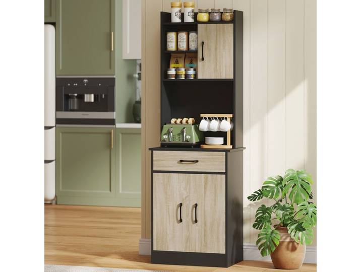 Buffet haut cuisine armoire de cuisine tiroir 3 portes étagères ouvertes plan de travail 60x40x180cm bois naturel
