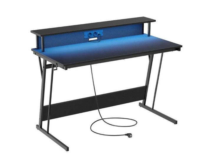 Bureau Gaming VASAGLE - Noir Carbone - Rehausseur d'Écran - LED - Multiprise - 60x120x76cm