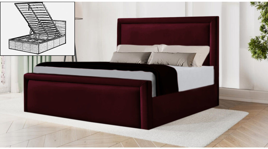 Brayden Studio Milan Upholstered Velvet Lift Up Storage Ottoman Burgundy Double (4'6)