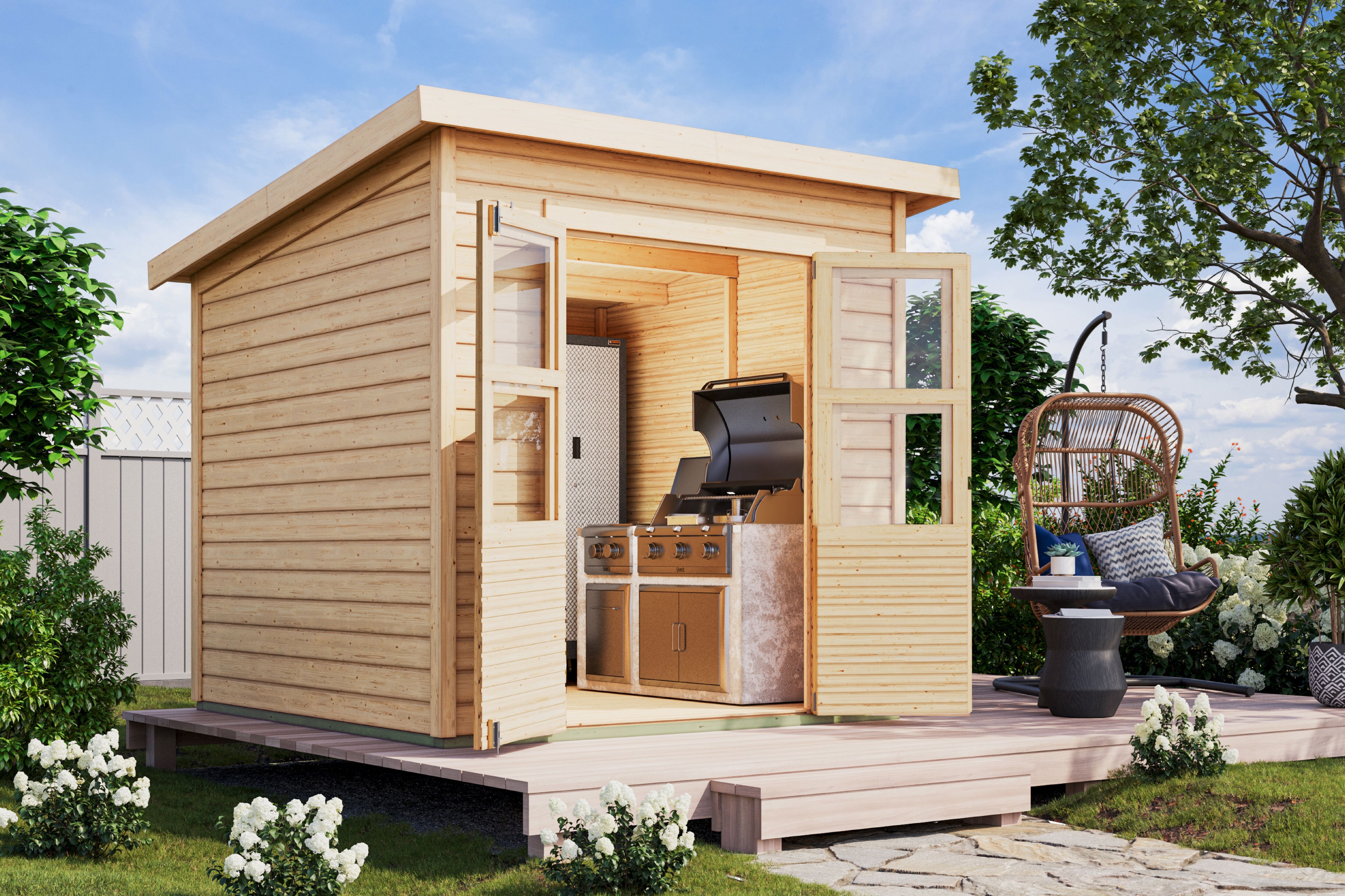 Gartenhaus KONIFERA "Akamaru 4", beige (naturbelassen), Fußboden im Gartenhaus, Dachfolie, Massivholz, Gartenhäuser, Gartenhaus