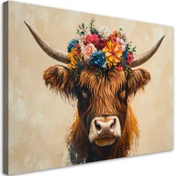 WANDBILD abstrakte schottische kuh blumen