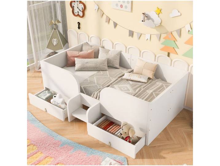 Lit combiné enfant - MAISENTIEL - 90 x 200 cm - 2 tiroirs - marche d'accès - barrières latérales