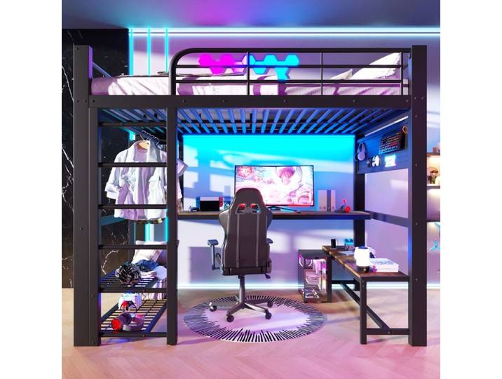 Lit haut 140×200 cm métal avec bande lumineuse LED avec dépôts bureau en bois tige de sèche-linge sans matelas noir