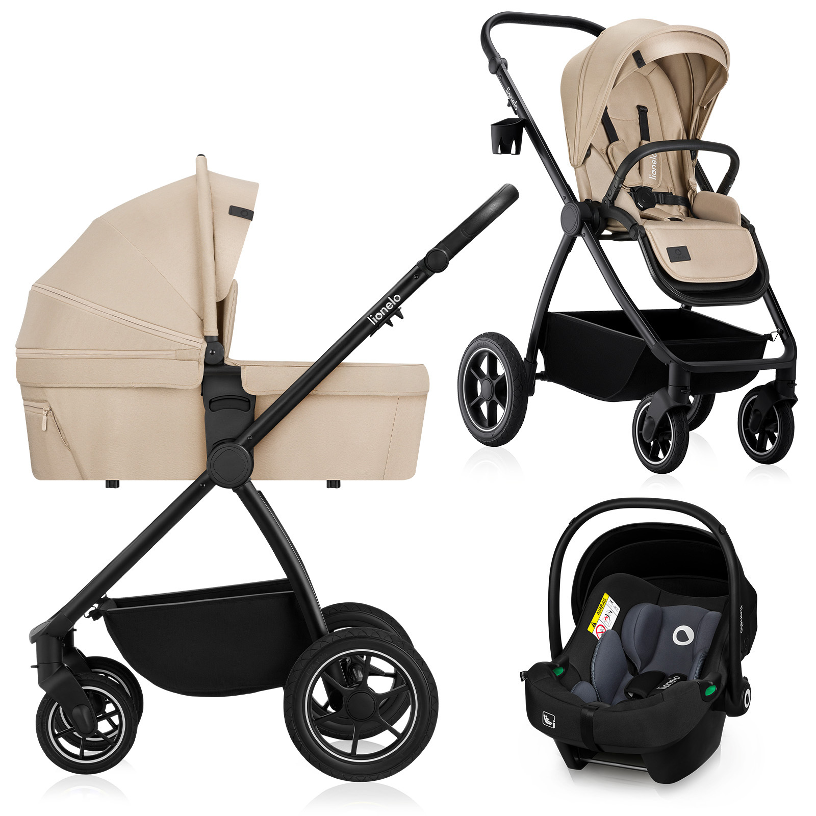 Lionelo Kombikinderwagen Meril 3in1 Babywanne bis zu 9 kg, Kindersitz bis zu 13 kg, 0-48 Monate bis zu 22 kg, Geländeräder 360°, Vollfederung - Beige
