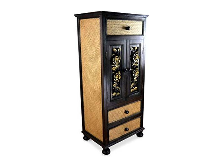 livasia Asiatischer Schrank aus Massivholz und Rattan – 50x40x120cm – Handgeschnitztes Highboard aus nachhaltigem Akazienholz, Asiatische Eleganz für Zuhause
