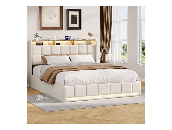 Simurq Polsterbett Polsterbett 160x200 mit Doppel-LED, USB & Kopfteil-Regal (Bettrahmen, Kopfteil-Regal, Lattenrost, Bettkasten. Ohne Matratze), Doppel-LED, USB, Kopfteil-Regal, Bettkasten