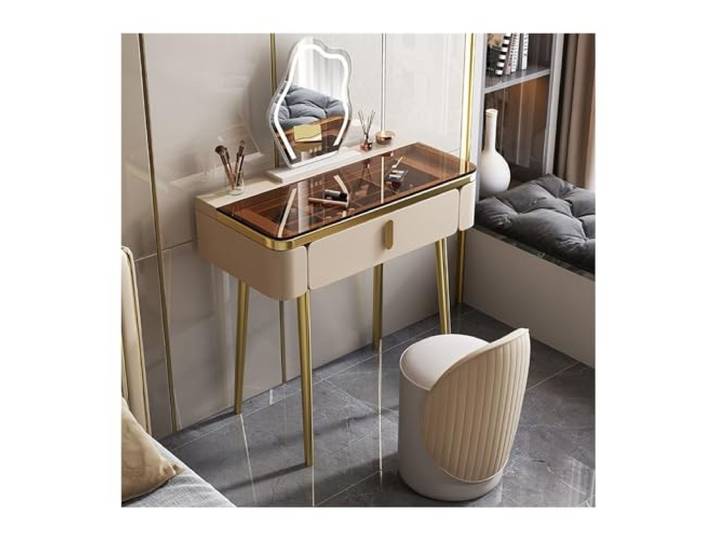 zhangrui1888 Schminktisch Make-up-Waschtisch mit Glam-Glasplatte, Make-up-Tisch Spiegel und Stuhl Schlafzimmer-Make-up-Waschtisch ﻿(Champagne,Klein)
