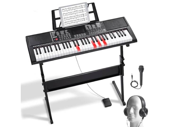 VEVOR Clavier Piano Numérique\, 61 Touches\, Piano à Clavier Électrique Portable\, Support\, 600 Tons\, 500 Rythmes\, Haut-parleurs Intégrés\, Pédale de Sustain\, Casque\, Microphone\, USB MIDI\, pour Débutants