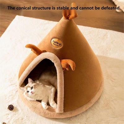PetsAreLife Cat House Enclosed For Winter, Dismantlable Warm Nest For Cats, Four Seasons Cozy Christmas Bed brown s