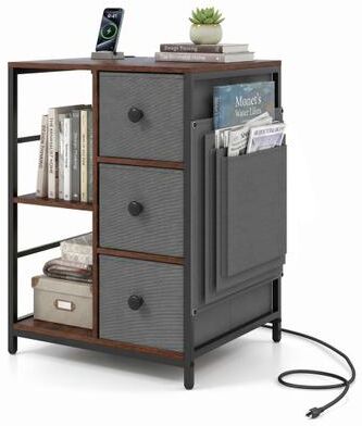 Costway Side Table with Charging Station Industrial Nightstand with Open Shelves-Rustic Brown