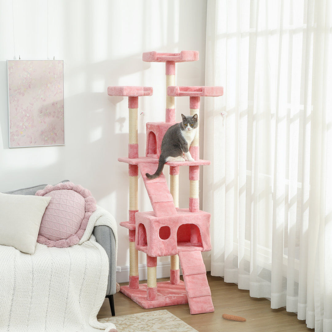 PawHut 173cm Cat Tower Scratching Post Activity Centre for Indoor Pink Pink 173cm H X 49cm W X 49cm D