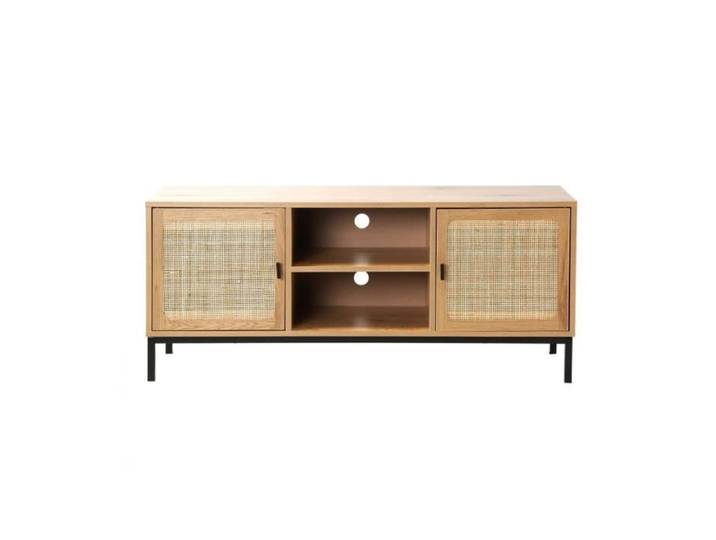 CALICOSY - Meuble TV 2 Portes avec Cannage Rotin et 2 Niches L120cm - JAYA - Bois clair