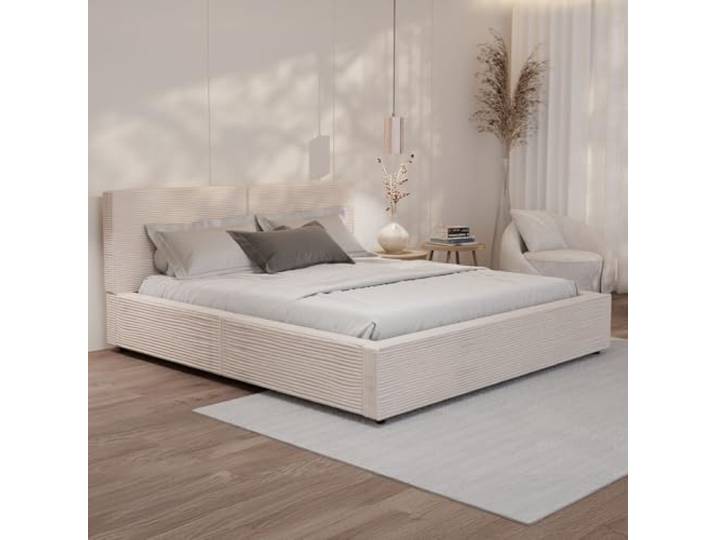 Juskys Polsterbett Salerno 180 x 200 cm – Cord Beige, modernes Bett mit Kopf- & Fußteil, stabilem Holz- & Metallrahmen, Lattenrost, 500 kg Tragkraft