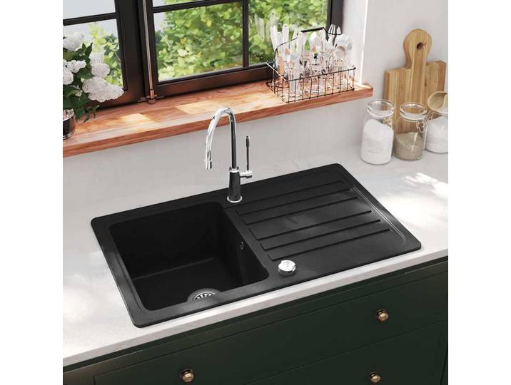 vidaXL Granitspüle mit Abtropffläche Reversibel Schwarz