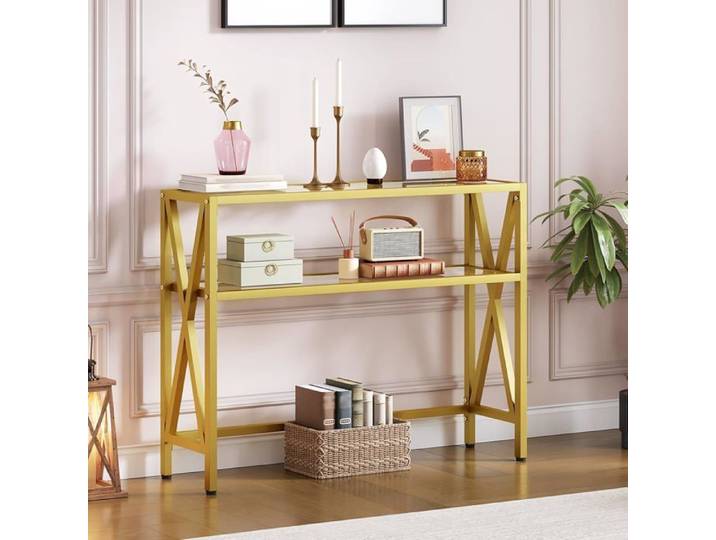 Console Meuble-HOOBRO-Table Console-Table d'Entrée avec 2 Étagères-100 x 25 x 80 cm-Console à Cadre en X-Doré