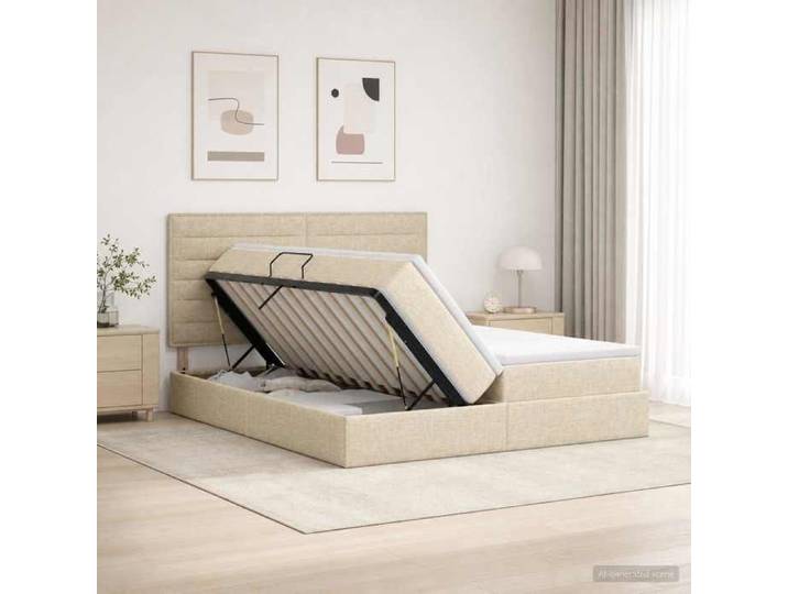 Lit de Rangement avec tête de lit Crème 200 x 200 cm Tissu 3459787
