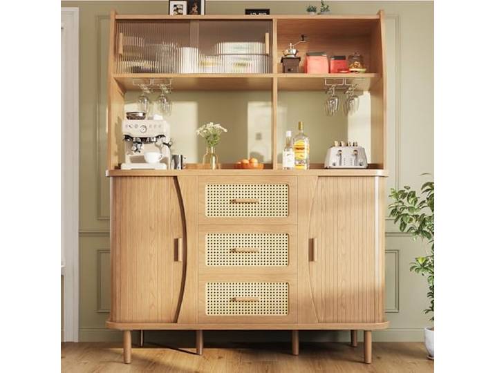 Buffetschrank Rattanoptik Glasschiebetüren 174,5cm Küchenschrank Naturholz Sideboard mit 3 Schubladen, Glashalter, offene Fächer, verstellbare Füße, Massivholzbeine, bis 60kg belastbar