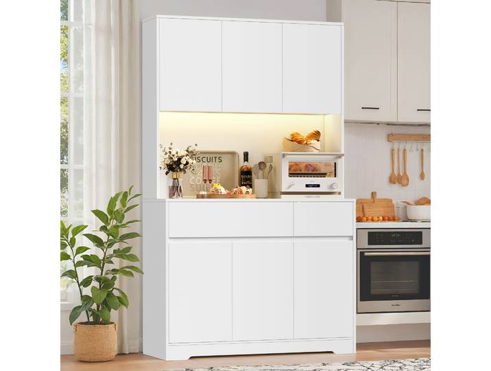 Getone Meuble Cuisine Rangement avec LED, Buffet Cuisine avec 2 prises 2 USB, Meuble Cuisine, Vaisselier avec Étagère Réglable 6 Portes 2 Tiroirs 100x38.5x180cm