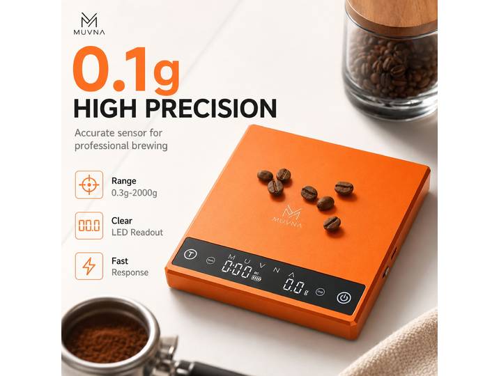 Balance à café MUVNA, balance à expresso, balance à café numérique, minuterie de précision, balance pour le café à verser, balance de cuisine rechargeable, corps en métal