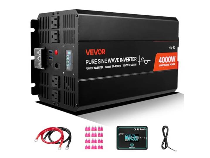 VEVOR Convertisseur Pur Sinus CC 12 V vers CA 230 V Onduleur Sinusoïdal Pur 4000 W\, avec Écran LCD\, Télécommande Filaire\, Port USB et Type-C\, 2 Prises CA\, pour Camping-Car\, Voiture\, Système Solaire