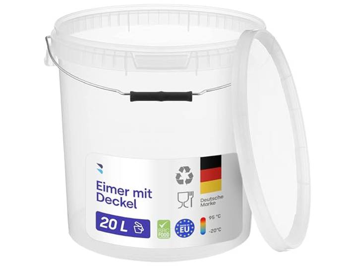 BenBow Eimer mit Deckel 20l Transparent 20x 20 Liter - lebensmittelecht, stabil, luftdicht, auslaufsicher, geruchsneutral - Aufbewahrungsbehälter aus Kunststof - leer