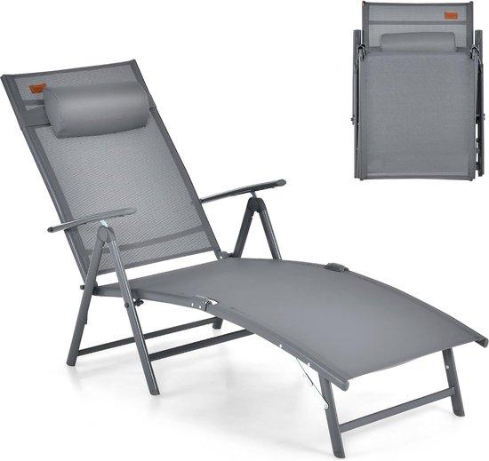Famanu Liegestuhl mit Kopfstütze, 7 verstellbaren Rückenlehnen, klappbar bis 150 kg, tragbar für Garten, Balkon (grau)