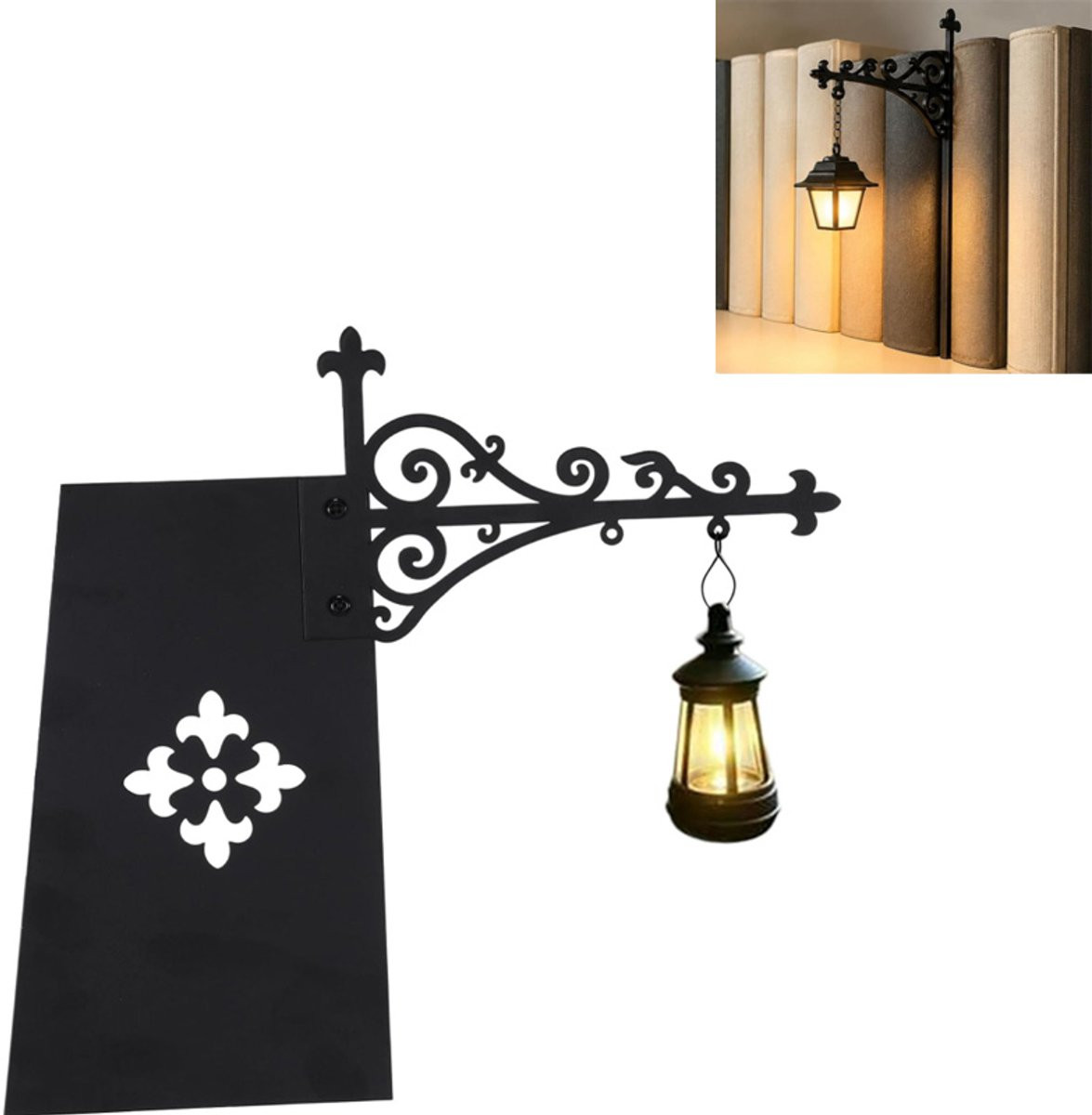 Decoratieve metalen boekensteun in lantaarnvorm met LED-verlichting, zwart