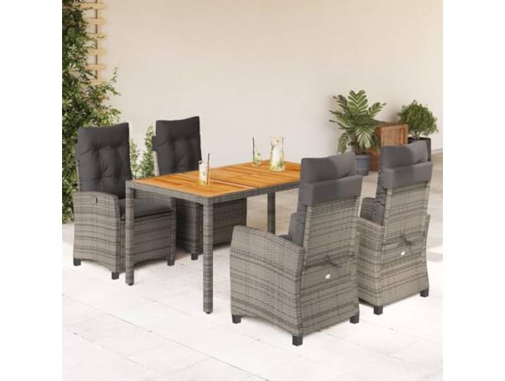 HEFZGDB 5-TLG. Garten-Essgruppe mit Kissen Grau Poly Rattan, Outdoor Esstischgruppe mit verstellbaren Sesseln und Akazienholz Tischplatte für Terrasse Garten, langlebiges PE Rattan,