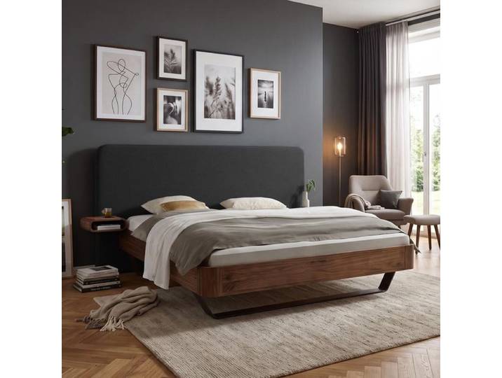 Bett Livian Nussbaum Massivholz 160x200cm modern, Mit Kopfteil