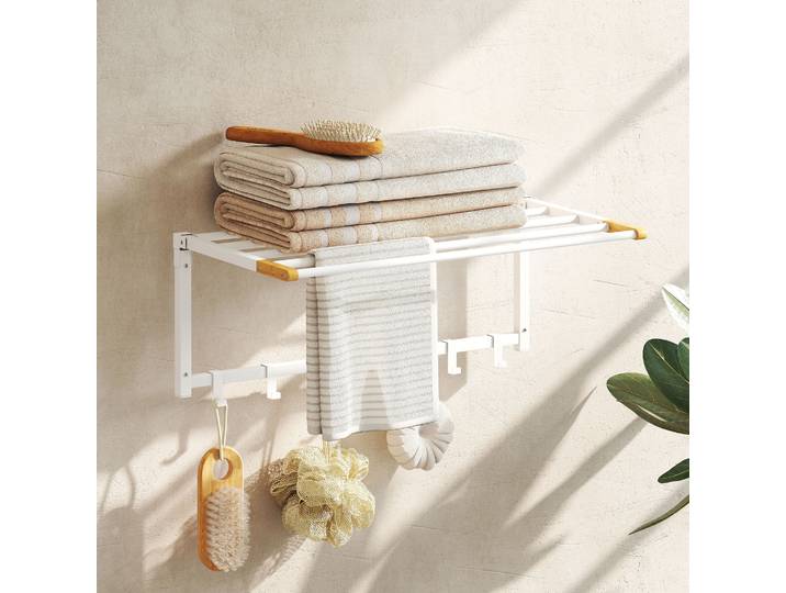 HOMCOM Porte-Serviettes Mural Bois et Acier Blanc 60cm