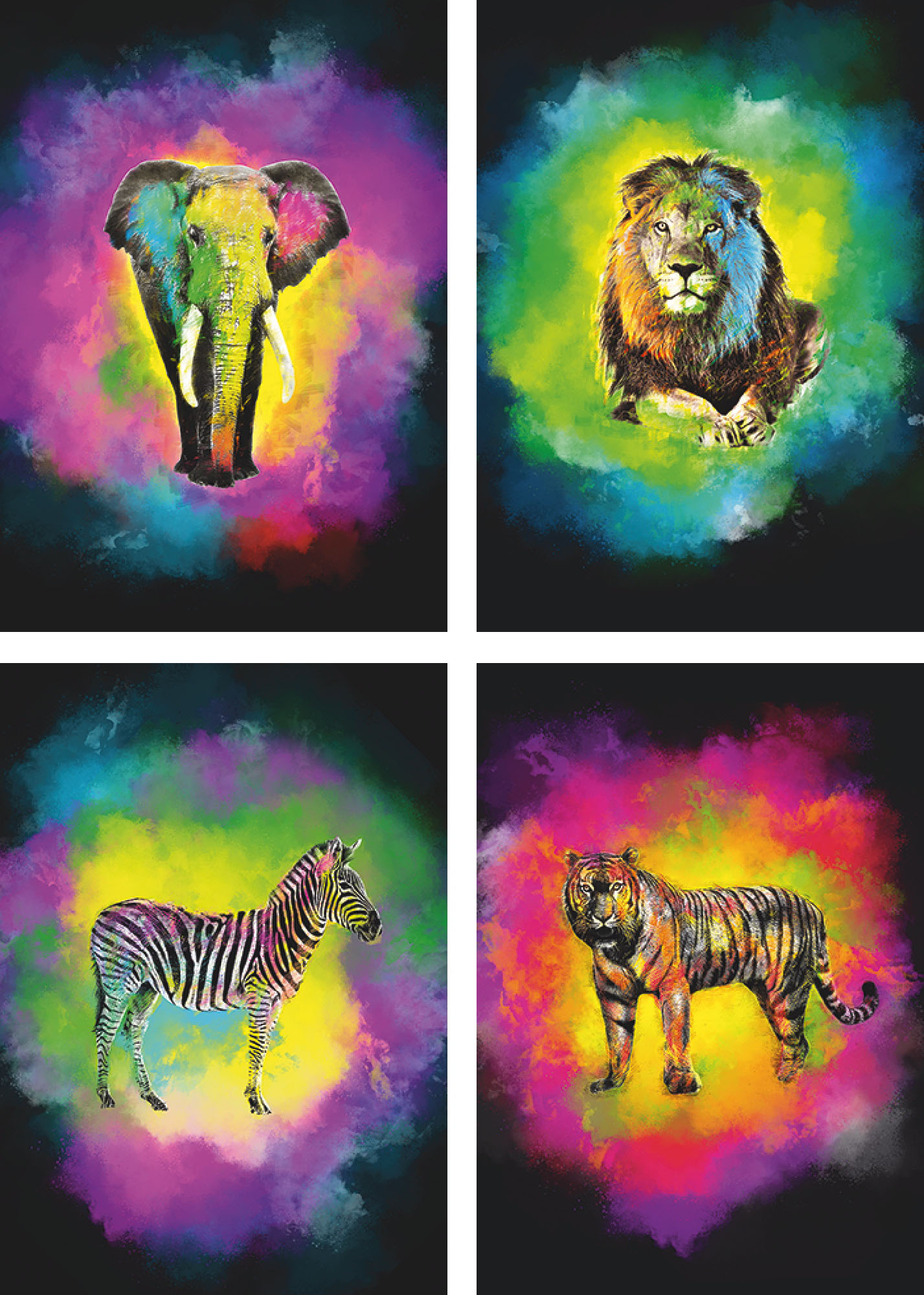 Poster ARTLAND "Farbexplosion Elefant Löwe Zebra Tiger", bunt (farbe bild(er): bunt), B:29,7cm H:42cm, Bilder, Poster, Bilder Set, 4tlg., ohne Rahmen farbe bild(er): bunt B/H/T: 29,7cm x 42cm, Poster Wildtiere Hochformat, 4 Stk.
