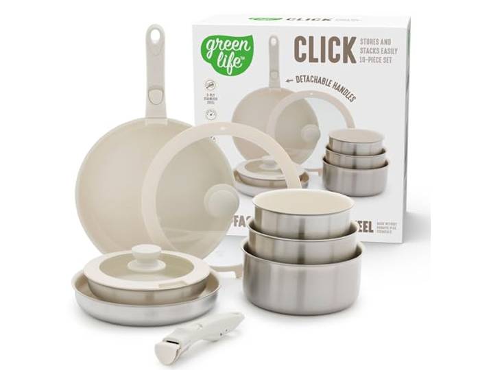 GreenLife Edelstahl Antihaft-Kochgeschirr-Set, abnehmbarer Griff, induktionsfertig, stapelbar, dreilagig, PFAS-frei, Töpfe und Pfannen, platzsparend, ofenfest, Glasdeckel, Silber