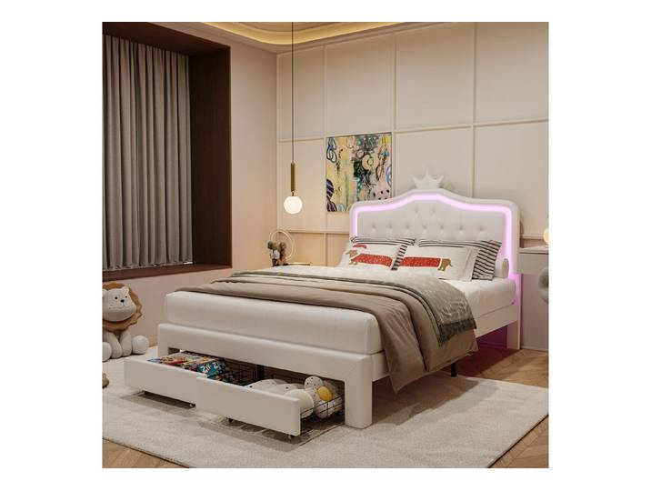 PXloue Polsterbett Kinderbett mit niedlichem Kopfteil und praktischer Schublade (Kopfteil hochstellbar), Modernes Design mit viel Stauraum für das Kinderzimmer 90x200