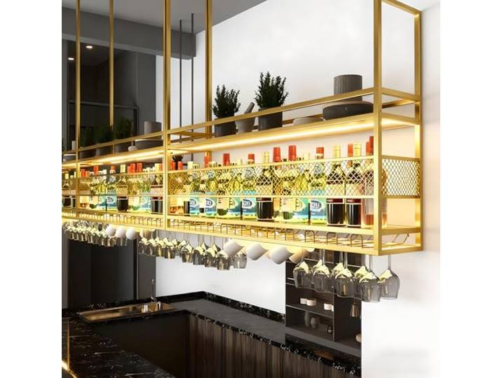 Deckenregal Weinregal, Hängendes Weinglasregal aus Metall, Gold, 160cm 2-stufig, Bar-Display, Weinlagerhalter, Für Bar Restaurant Cafe Küche