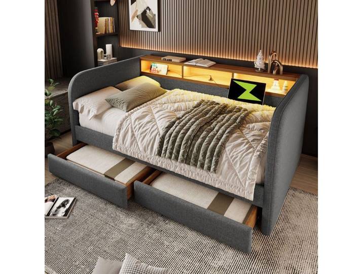 lit banquette 140x190 SENVIRO tete de lit eclairee ports USB C rangement gris