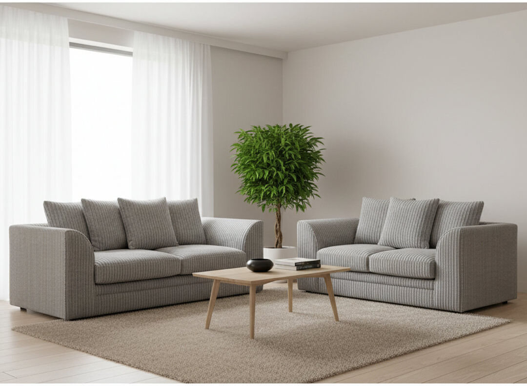 Canora Grey Two Piece 3 and 2 Seater Jumbo Cord Fabric Sofa Set Silver 2
