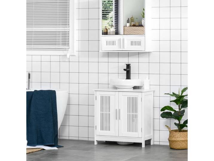 Cocosity Meuble Sous Lavabo Salle De Bain - Meuble Sous-Vasque - 2 Portes Rainurées Avec Étagère Réglable - Poignées Alliage Alumi