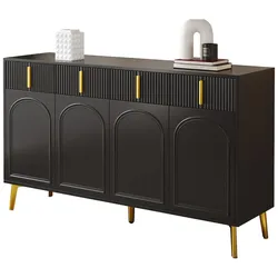 Sideboard 140x38x82 cm mit goldenen Griffen und 4 Türen, 4 Schubladen und herausnehmbarem Laminat, Schwarz