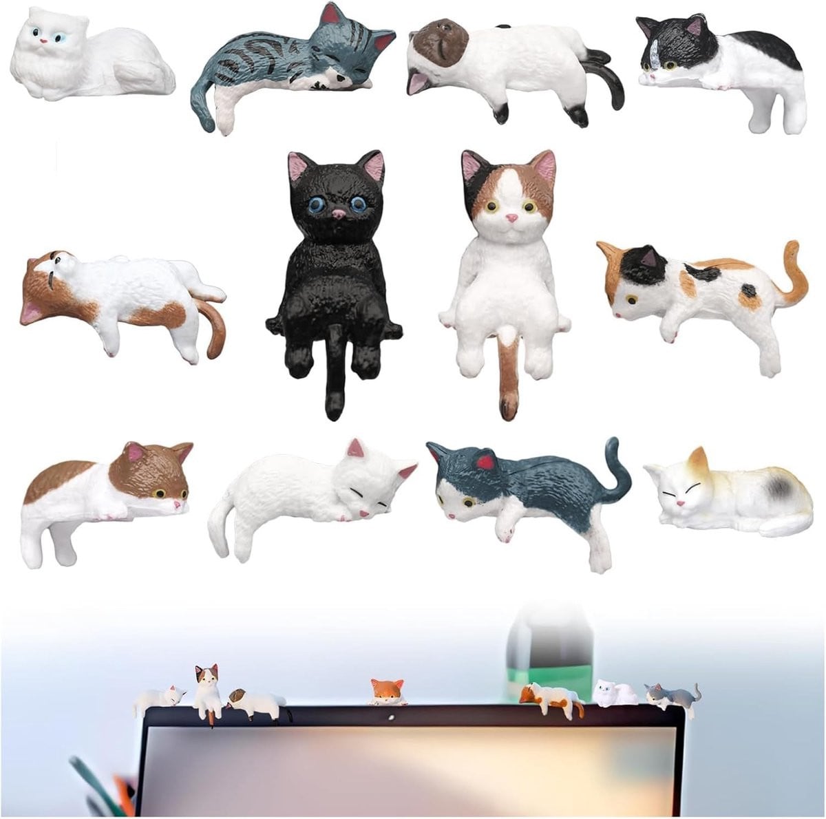 Set van 12 schattige miniatuur kattenfiguren voor decoratie van je bureau of woonkamer