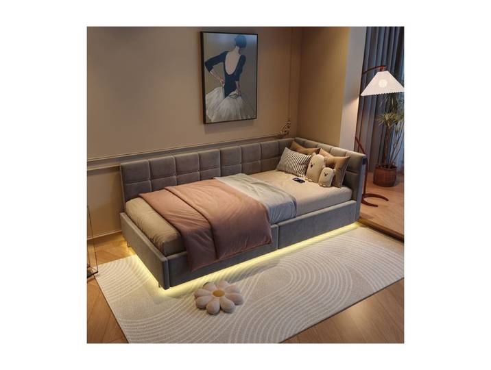ADWOLT Lit simple 90 x 200 cm Cadre de lit d'angle avec tête de lit Lit coffre 90x200 cm Gris Velours