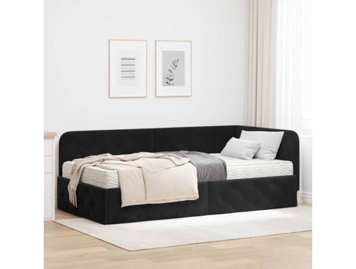 YUOTYRKTEJRSG Samtbezug L Design Sofa Bett Eckmodell Schwarz 90 x 190 cm Eckbettgestell mit Matratze Schwarz 90x190 cm Samt Bett Sofa L-Form mit Lattenrost Schlafzimmer Möbel