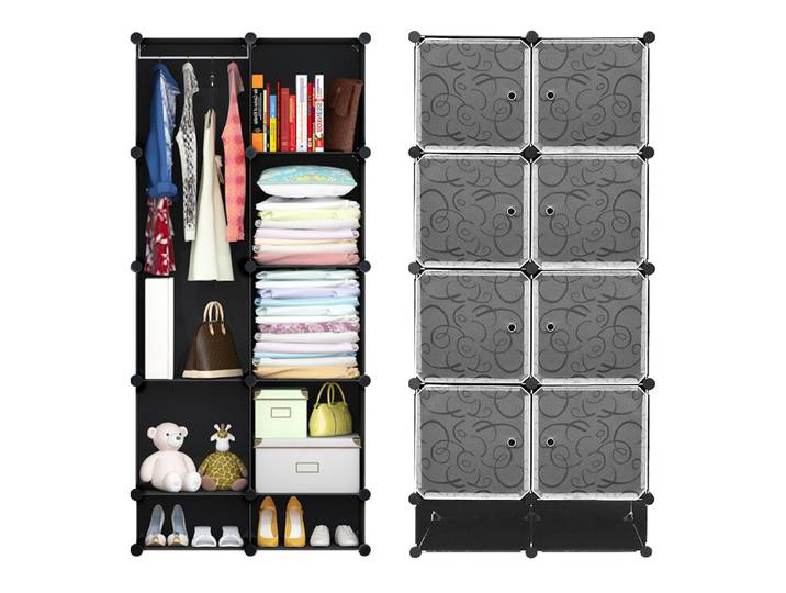Armoire, étagères de rangement modulaires, armoire en plastique noir imprimé avec rangement pour chaussures