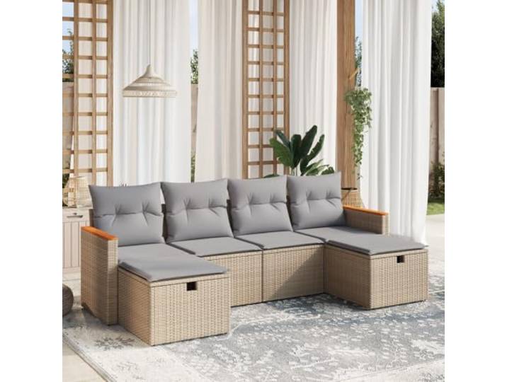 YUTAASU 6-TLG. Poly Rattan Sofagarnitur mit Kissen Beige