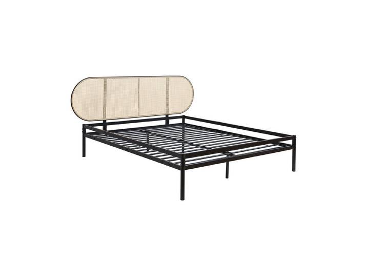 en.casa Metallbett, »Linköping« mit ovalem Kopfteil 160x200 cm Schwarz/Rattanoptik