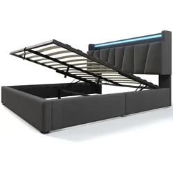 Polsterbett 160x200 cm mit USB-Ladefunktion LED-Beleuchtung Stauraum Leinenbezug Eisenrahmen modernes Design Grau praktische Aufbewahrung