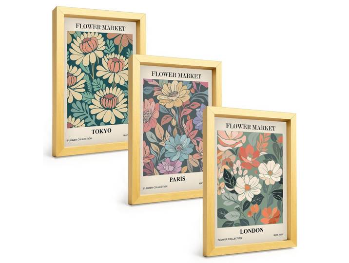 BILDER SET 3er Set - 20x30 cm Goldrahmen - Blumenposter Tokio Paris London