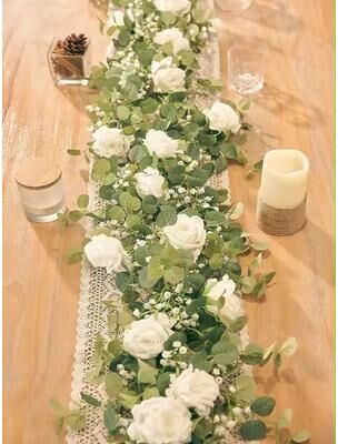 Inspired Living Evergreen Eucalyptus & Rose Garland 5.9 Ft Faux Floral Vine For Home, Wedding & Party Decor d