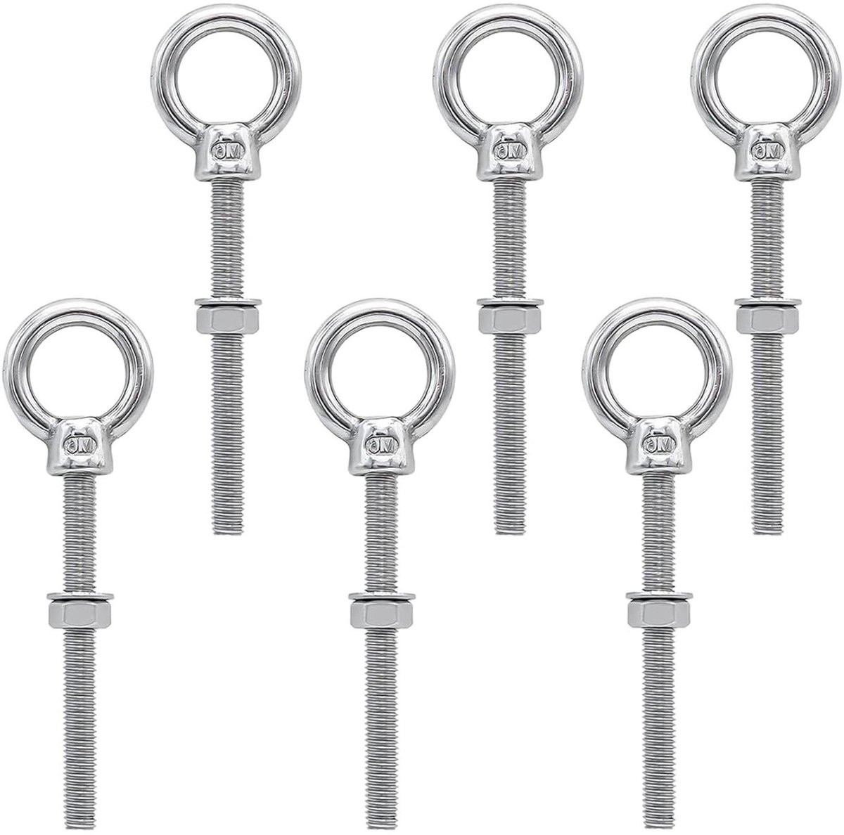 Set van 6 zilverkleurige ringbouten en oogbouten M6 van roestvrij staal 316, M6 x 60mm